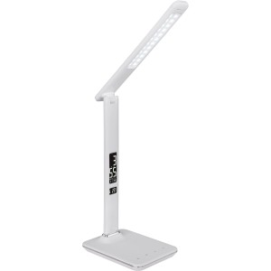 Weiße LED-Tischlampe Tanna von Globo mit Uhr, Datum und Temperaturanzeige. Moderne Schreibtischlampe.