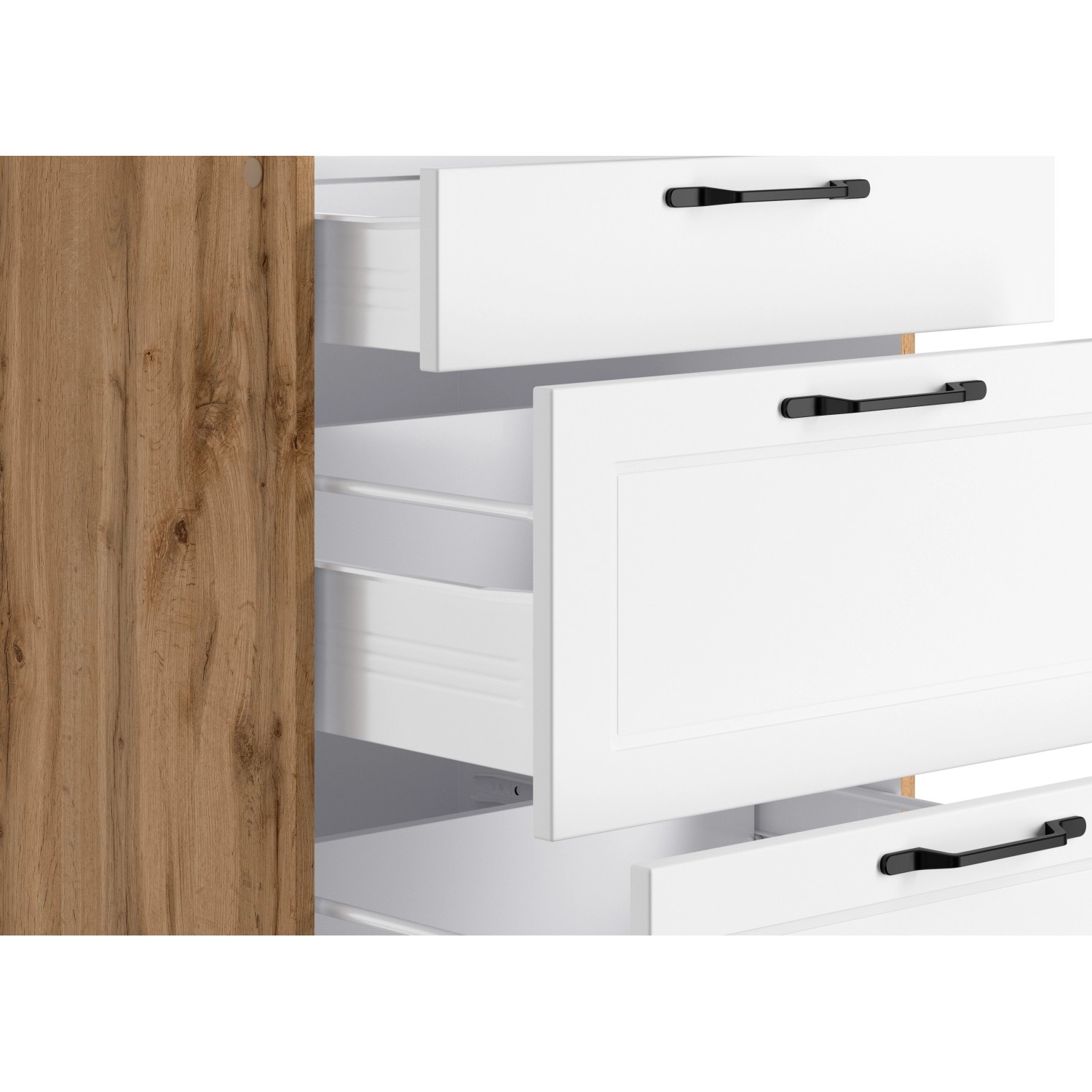 Küchenzeile Kempten in Wotan Eiche/Weiß mit Schubladen und schwarzen Griffen.