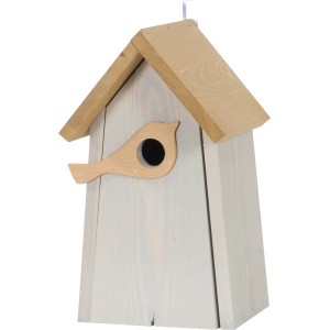 Hellgrau-brauner Nistkasten mit Vogelfigur am Einflugloch, geeignet für kleine Gartenvögel.