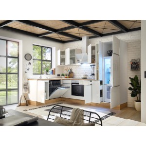 Respekta Winkelküche Marleen 310 cm in Artisan-Eiche und Weiß mit E-Geräten.