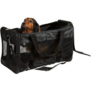 Schwarze Jollypaw Hundetragetasche (26x27x47 cm) mit Dackel. Ideal für den sicheren Transport kleiner Hunde.
