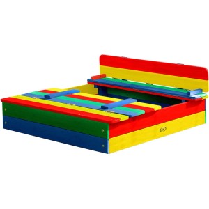 Farbenfroher Axi Ella Sandkasten Regenbogen mit Deckel und Sitzbänken aus Holz.
