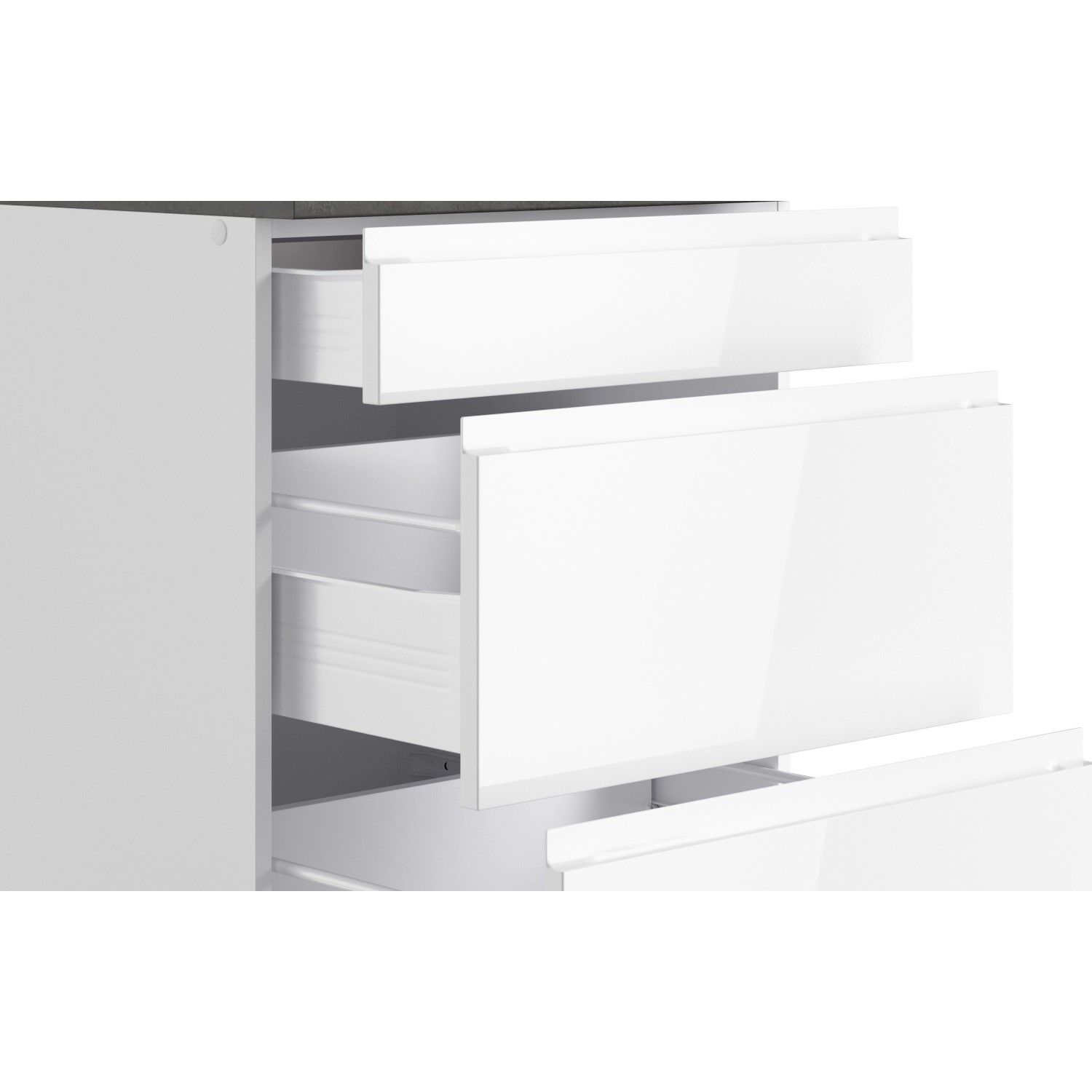 Detailansicht: Küchenzeile Gera in Weiß mit offenen Schubladen. Moderne Einbauküche.