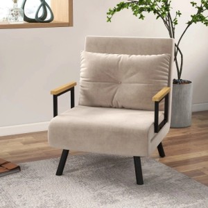 Beiges HOMCOM Schlafsofa aus Polyester mit Rückenkissen, schwarzen Stahlbeinen und Holzarmlehnen.