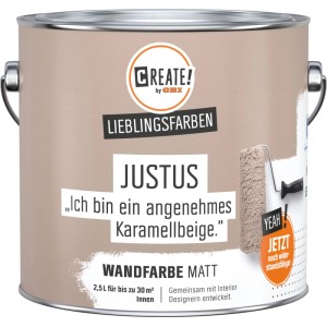 CREATE! by OBI Wandfarbe Justus Karamellbeige, matte Innenfarbe im Farbeimer.