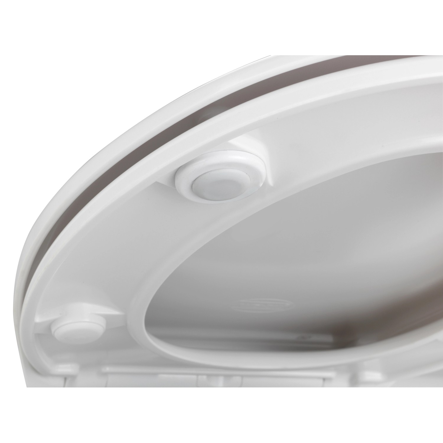 Detailaufnahme: Weißer Wenko WC-Sitz Gubbio mit Absenkautomatik und antibakterieller Oberfläche.