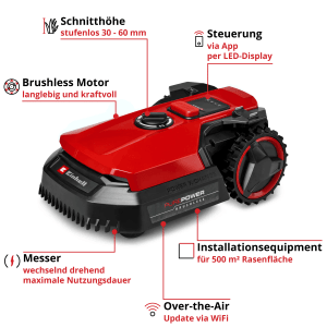 Einhell Freelexo 500 Mähroboter für Rasenflächen bis 500 m², rot/schwarz.
