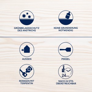 Piktogramme zur Anwendung und Eigenschaften der Bondex Holzlasur für Außen.