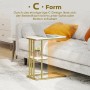 Weißer HOMCOM Beistelltisch mit goldfarbenem C-Gestell, zwei Ablagen, unter Sofa geschoben. Ideal für Wohnzimmertische.