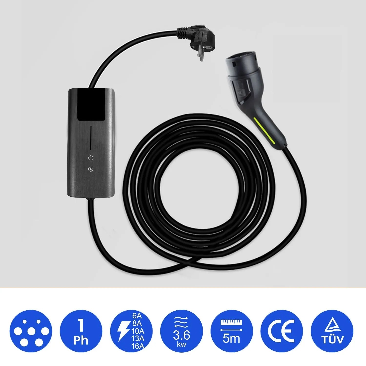 Schwarzes Junsun Typ 2 EV Ladekabel 5m mit EU-Stecker und Kontrollbox für Elektrofahrzeuge, 3.6kW.