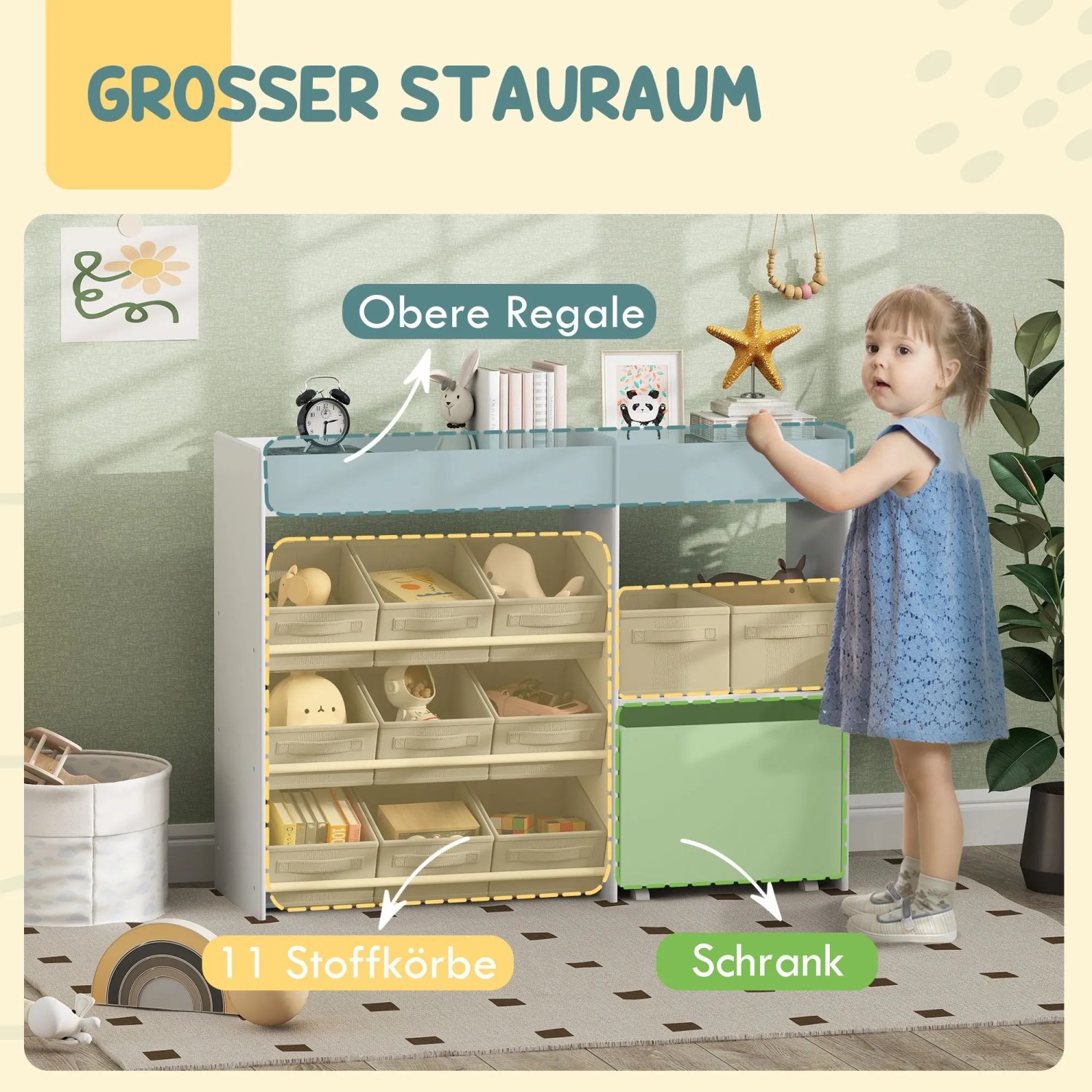 Weißes AIYAPLAY Kinderregal aus MDF mit blauen oberen Regalen, 11 Stoffboxen und grünem Schrank für Spielzeug.