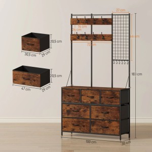 Industrielle Garderobe HOMCOM aus rustikal-brauner Spanplatte und schwarzem Stahl mit Haken, Gitter und 7 Schubladen.