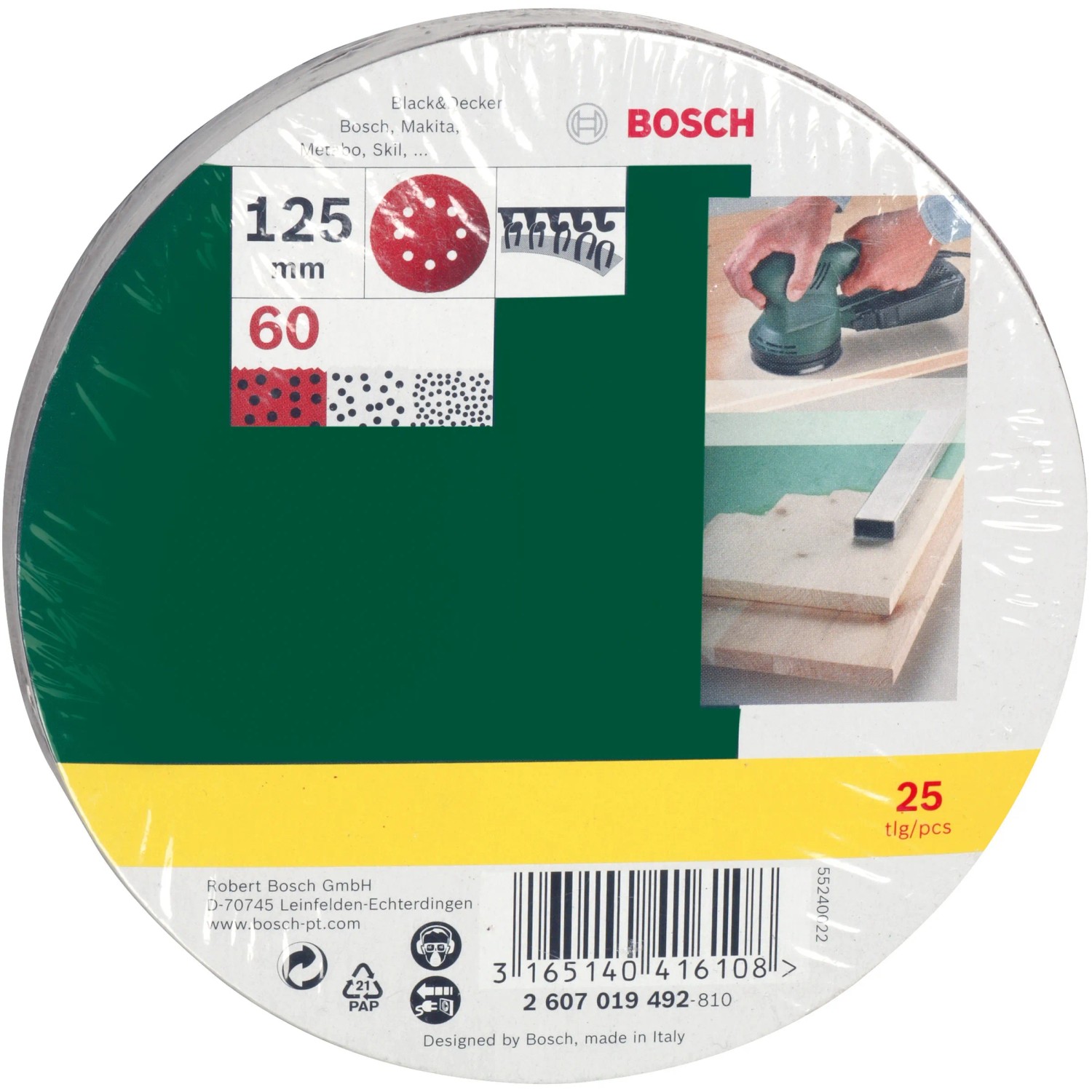 Bosch Schleifblatt-Set für Exzenterschleifer, 25 Stück, Körnung K60, Durchmesser 125 mm.