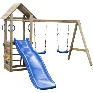 SwingKing Spielturm Maria mit blauer Rutsche und Doppelschaukel aus Holz, ideal für den Garten.