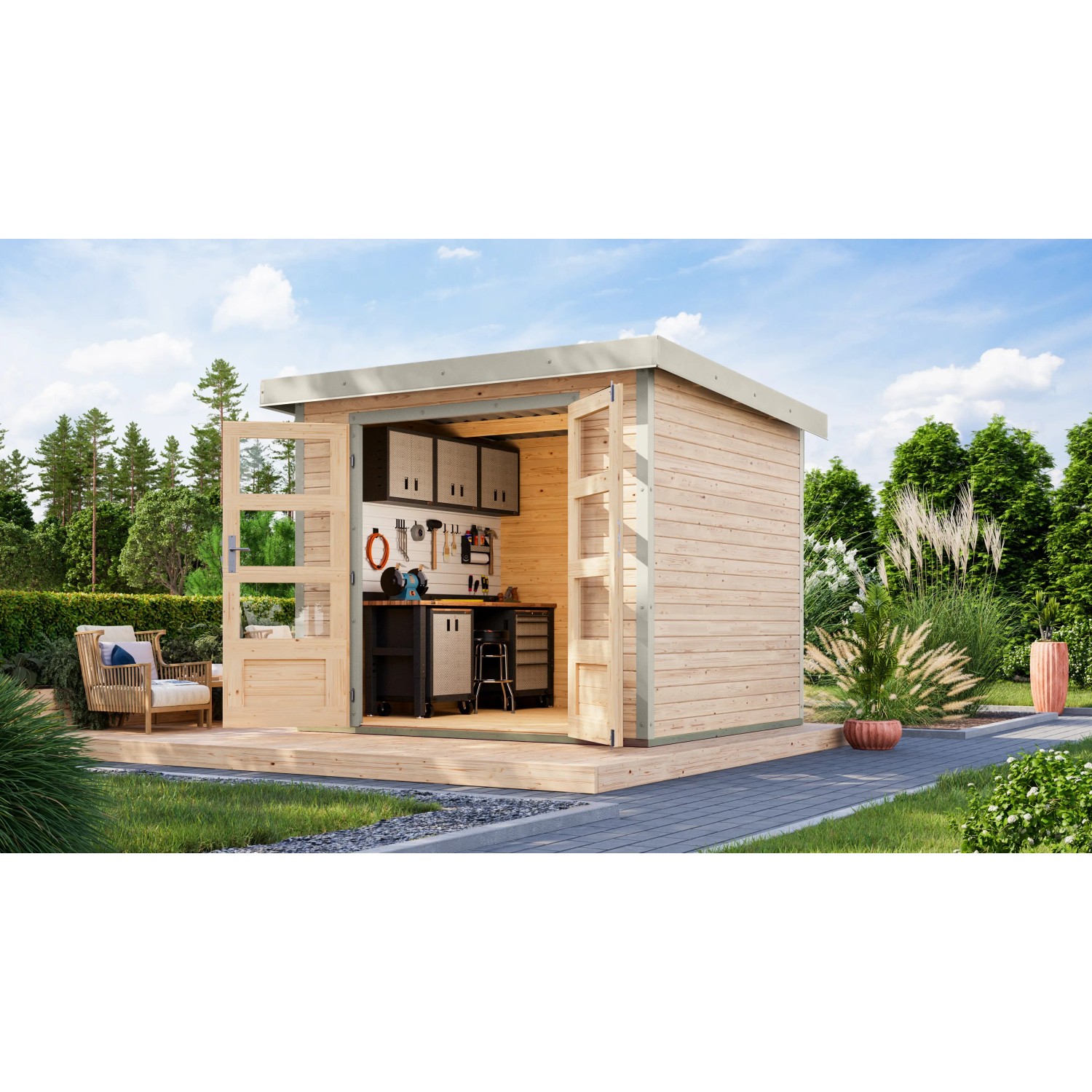 Karibu Gartenhaus Diego 3 A, naturbelassen/weiß, mit offener Tür und Inneneinrichtung.