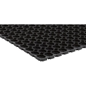 Schwarze Gummiringmatte 80x120 cm mit Wabenmuster. Robuste Fußmatte für Außenbereiche, wasserdurchlässig und rutschfest.