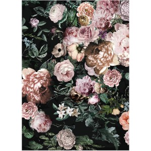 Komar Wandbild Charming Wild, 30x40 cm, mit floralem Muster in Rosa- und Grüntönen auf dunklem Grund.