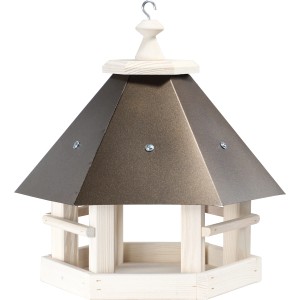 Kupferfarbenes Vogelhaus mit Metalldach aus Kiefernholz für Wildvögel.