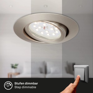 Briloner LED-Einbaustrahler, Nickel matt, dimmbar, im Decken-Einbau mit Bedienung am Lichtschalter.