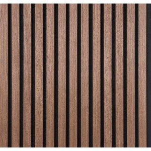 Fibrotech Akustikpaneel Decor Walnuss: vertikale Holzlamellen auf dunklem, schallabsorbierendem Hintergrund.
