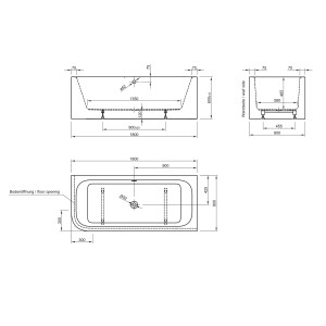Technische Zeichnung Ottofond Badewannen-Set Spirit 180 cm Links mit Maßen.