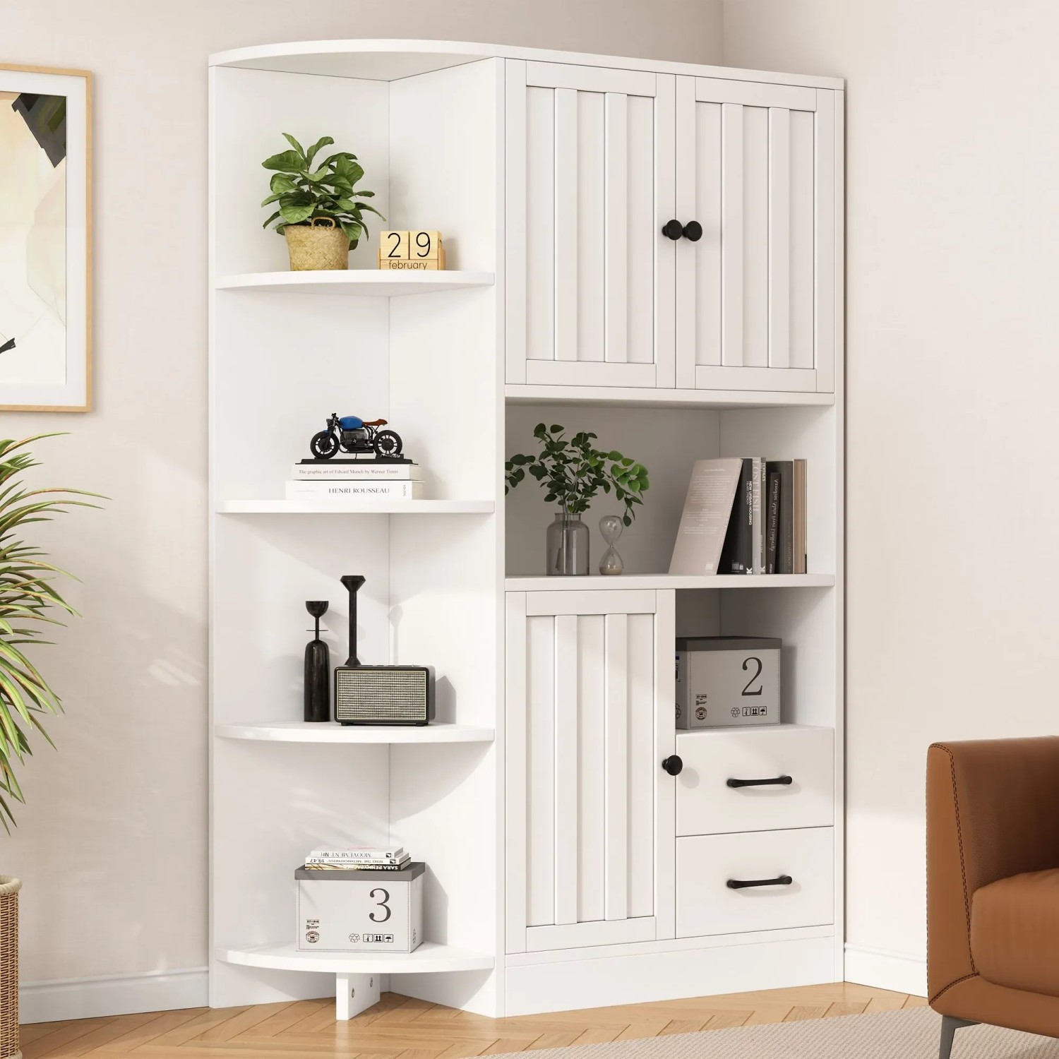 okwish Eckschrank mit Schränken Schubladen Ablagen Wohnzimmer 104x35x155cm Weiß_6