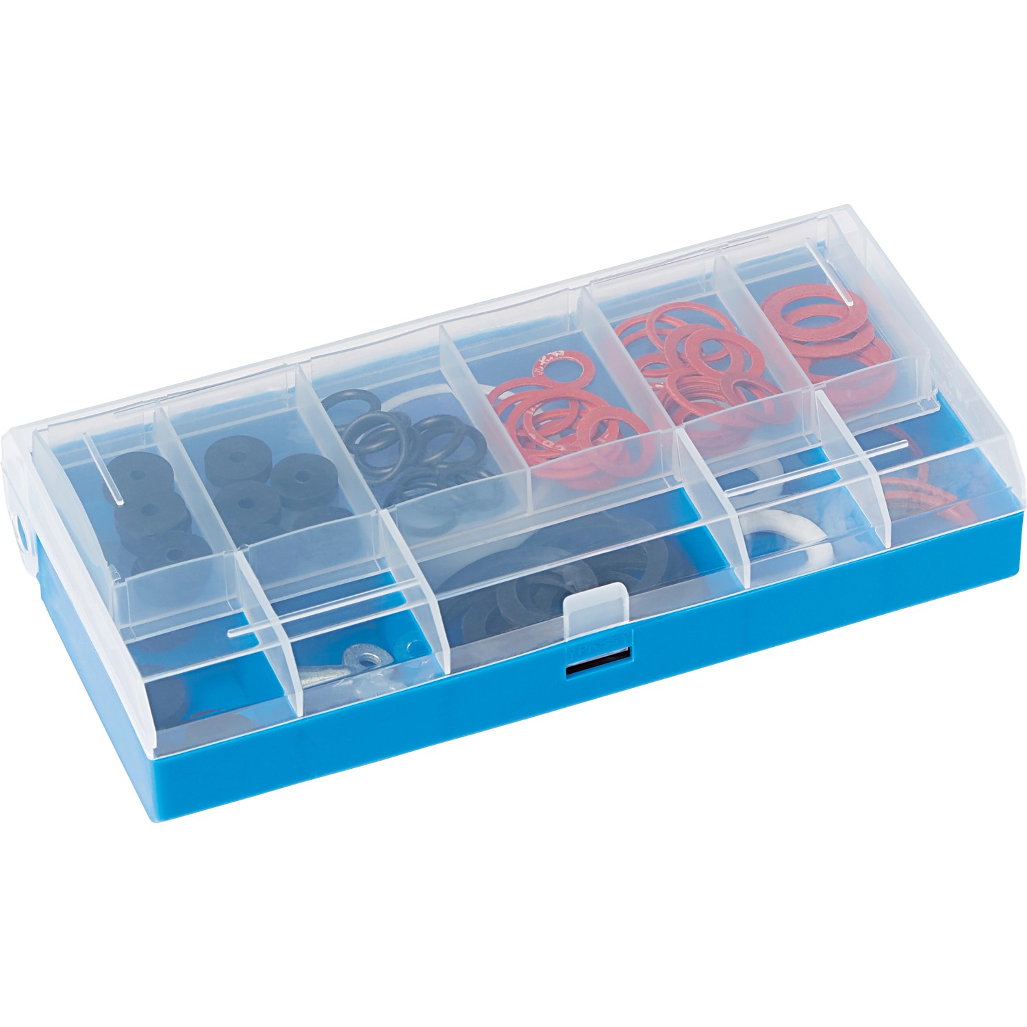 LUX Dichtungssortiment, 84-teilig, in blauer Kunststoffbox mit diversen Dichtungsringen.