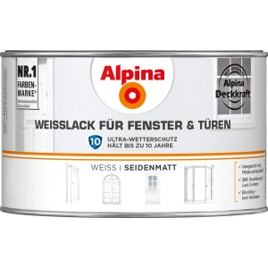 Dose Alpina Weißlack für Fenster und Türen, seidenmatt, 300ml. Weißer Lack mit hoher Deckkraft und Wetterschutz.