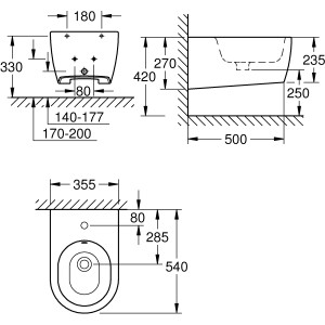 Technische Zeichnung des Grohe Essence Wandbidet in Alpinweiß mit Maßangaben.