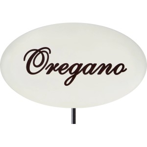 Emailleweißer Kräuterstecker mit Oregano-Aufschrift, 30 cm hoch, für Beet und Kübel.