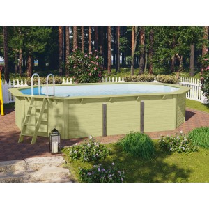 Karibu Holzpool Modell 4 Set mit Filteranlage und Leiter im Garten.