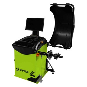 Grüne Zipper Reifenwuchtmaschine ZI-RWM827-LCD mit schwarzem LCD-Display und geöffneter Schutzhaube für Autoreparatur.
