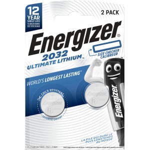 2er-Pack Energizer CR2032 Lithium Knopfzellen für Geräte wie Fernbedienungen und Thermometer.