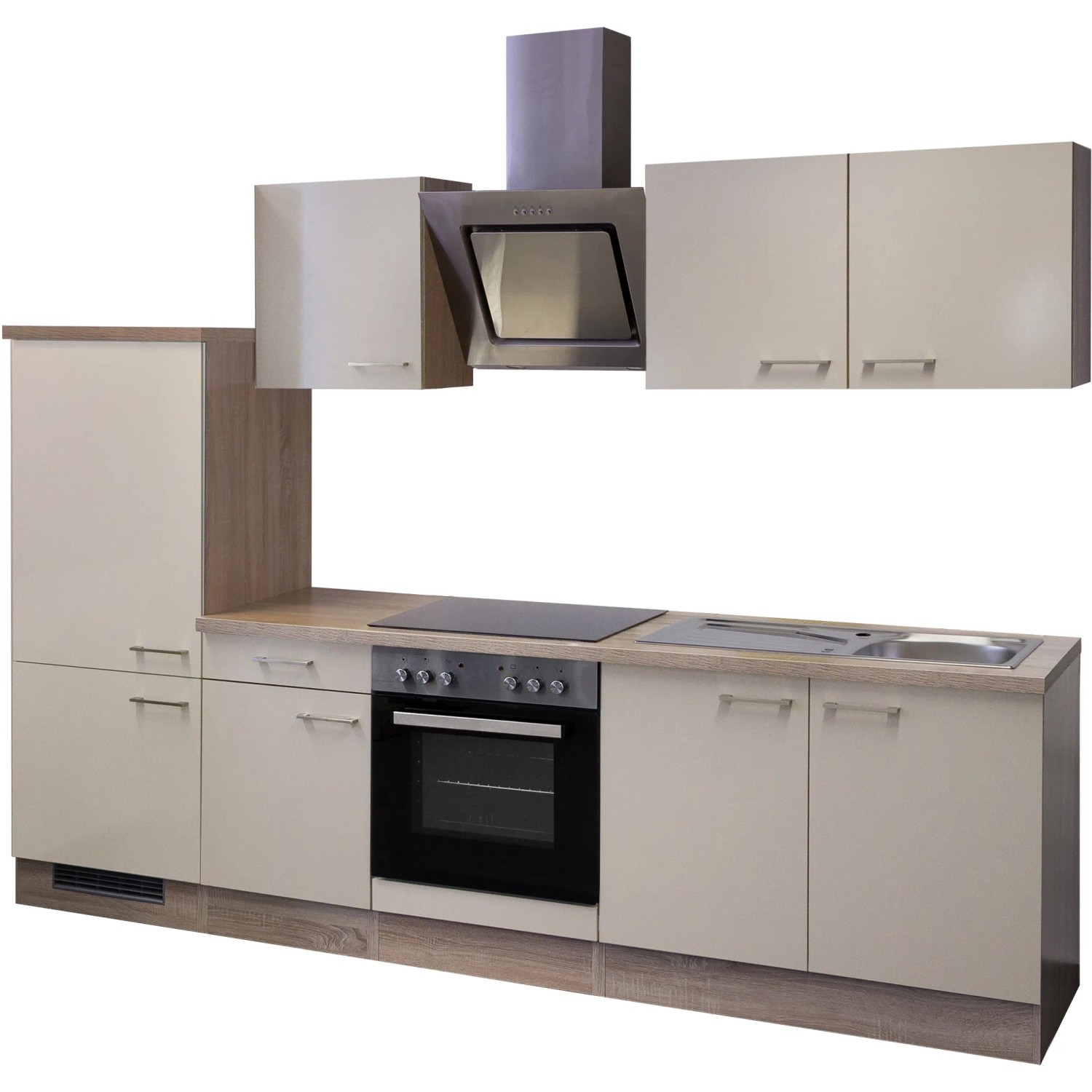 Küchenzeile Orlando, 270 cm, Kaschmir Glanz/Sonoma Eiche, mit E-Geräten wie Herd, Kochfeld und Dunstabzugshaube.