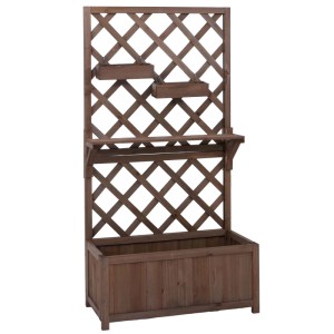 Braunes MCW Hochbeet P68 mit Rankgitter, Ablage und Hängekästen aus Holz, 135x70x30cm.