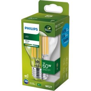 Philips LED-Lampe E27, 4W, Glühlampenform in Verpackung. Warmweißes Licht für Wohnräume.