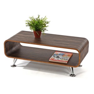 Dunkelbrauner MCW Couchtisch B97 mit Ablage und verchromten Füßen.