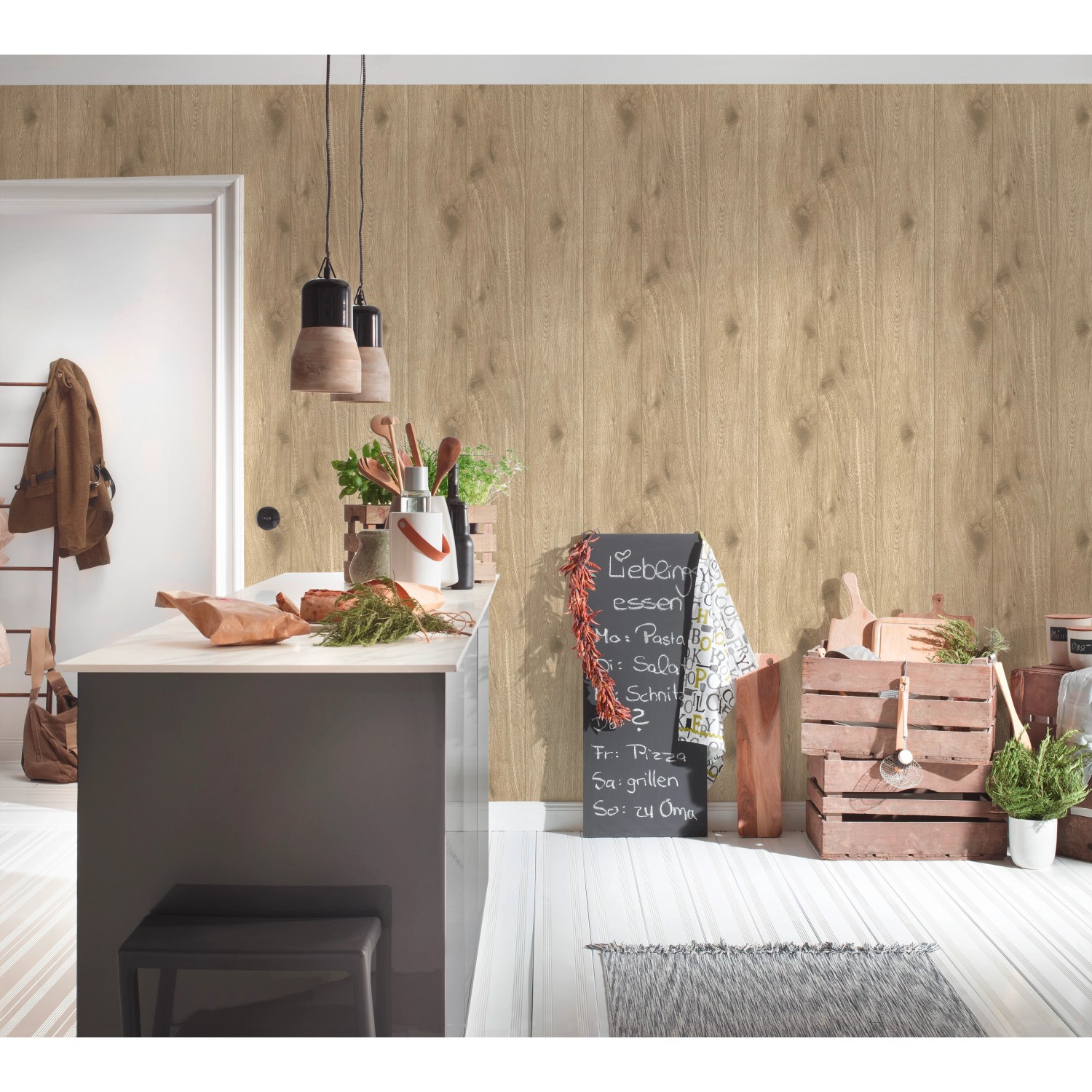 A.S. Création Vliestapete Best of Wood´n Stone, Holzoptik Eiche hell im Küchenambiente.
