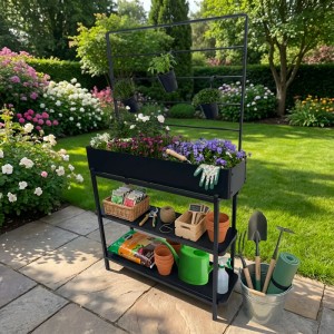 Schwarzes Metall Hochbeet mit Rankhilfe, Ablagen und Bepflanzung. Ideal für Garten und Balkon.