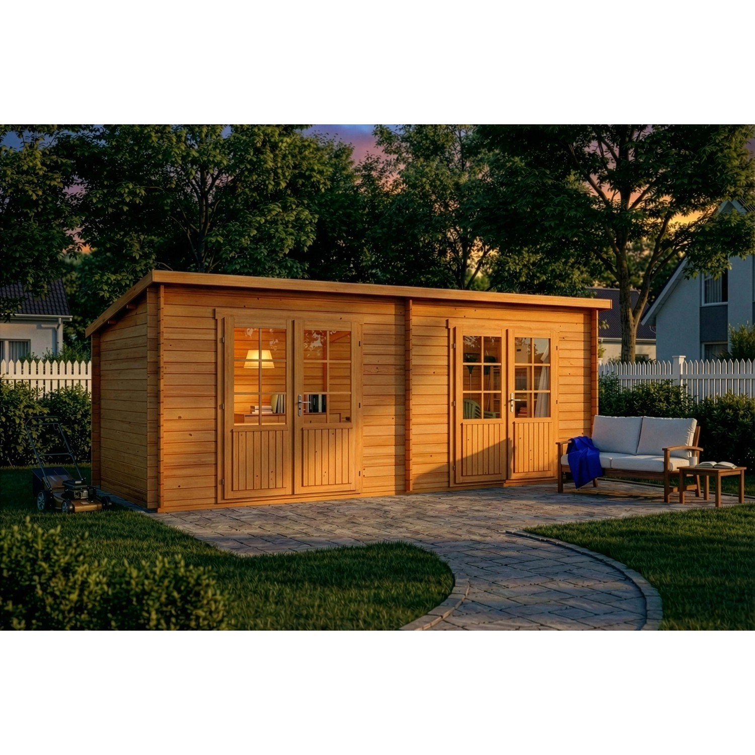 Alpholz Gartenhaus Maria Twin mit Pultdach, 601x275 cm, 40 mm Wandstärke, aus Pinie.