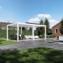 Weißer elektrischer Aluminium Pavillon 4x6m mit Lamellendach auf Terrasse, Ess- und Lounge-Bereich. Moderner Sonnenschutz.