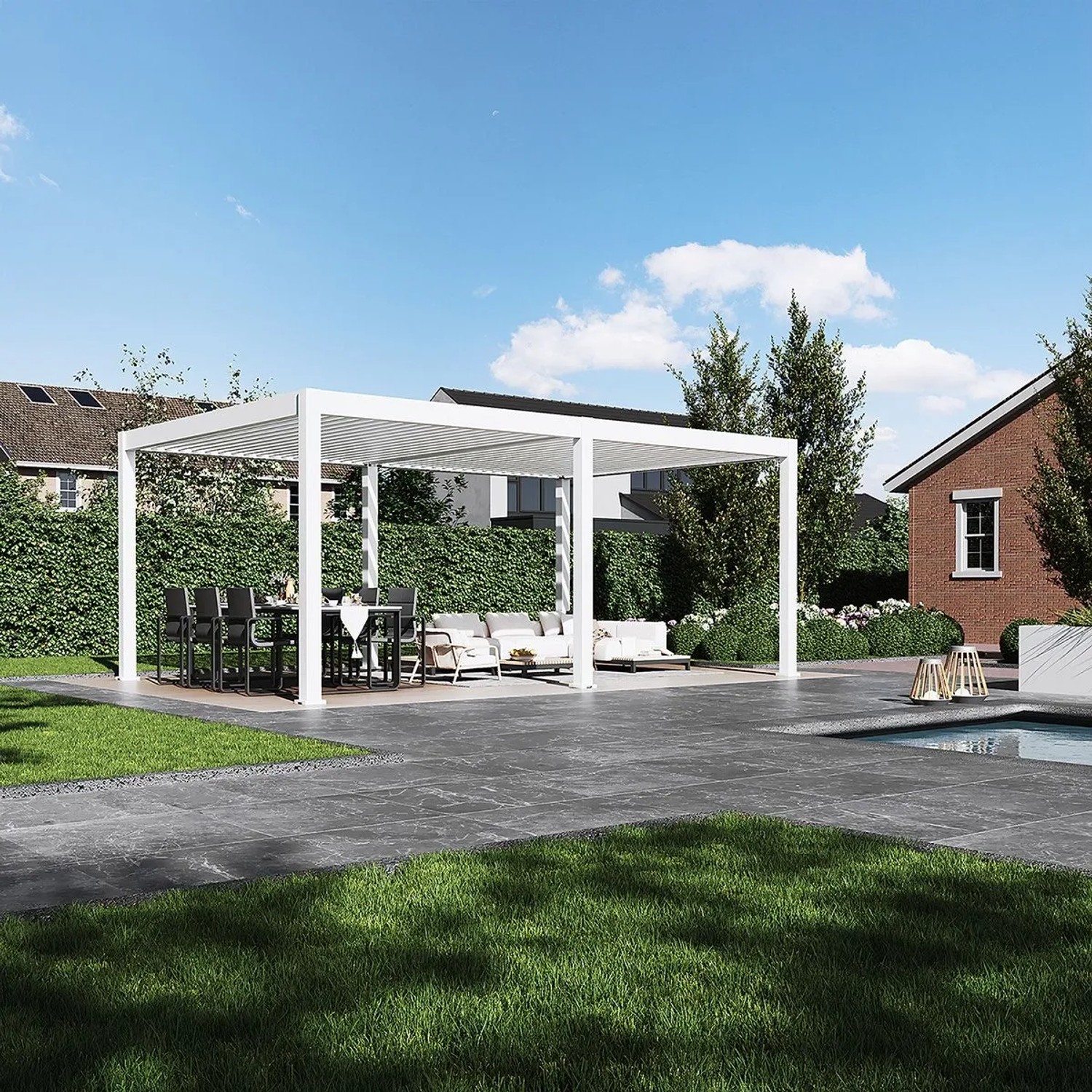 Weißer elektrischer Aluminium Pavillon 4x6m mit Lamellendach auf Terrasse, Ess- und Lounge-Bereich. Moderner Sonnenschutz.