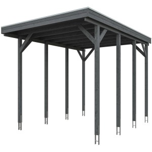 Carport Friesland Caravan, schiefergrau, 397x555 cm. Holzkonstruktion mit flachem Dach und Aluminiumplatten.