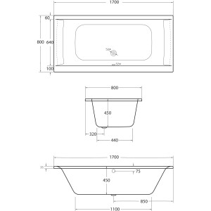 Technische Zeichnung Ottofond Badewanne Rosa, 170x80 cm, weiße Rechteck-Badewanne mit Maßen.