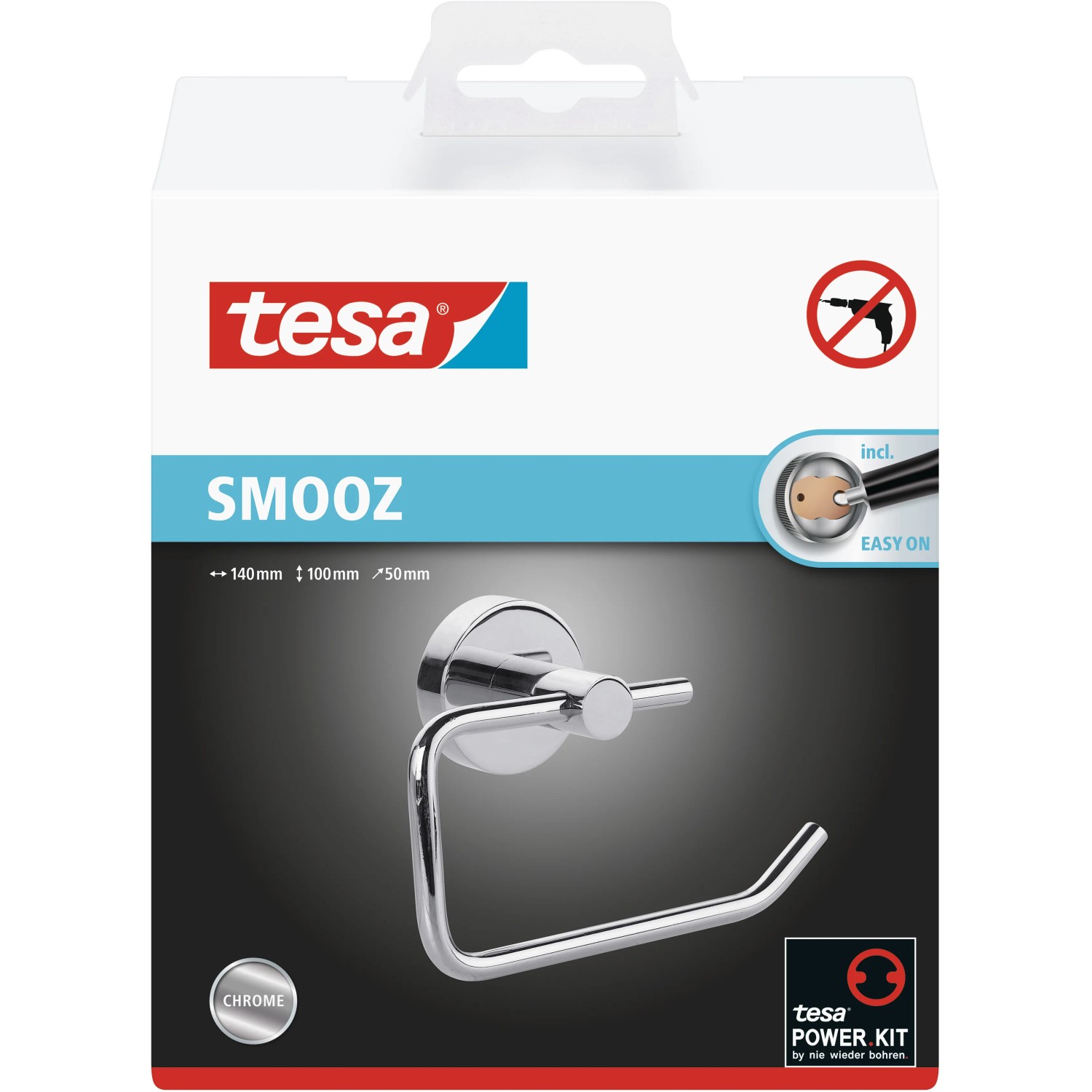 Tesa Smooz Toilettenpapierhalter, hochglanzverchromt, zur Wandmontage ohne Bohren.