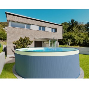 Anthrazitfarbener Rundbecken-Stahlwandpool (Ø 350 cm x 90 cm) im Garten.