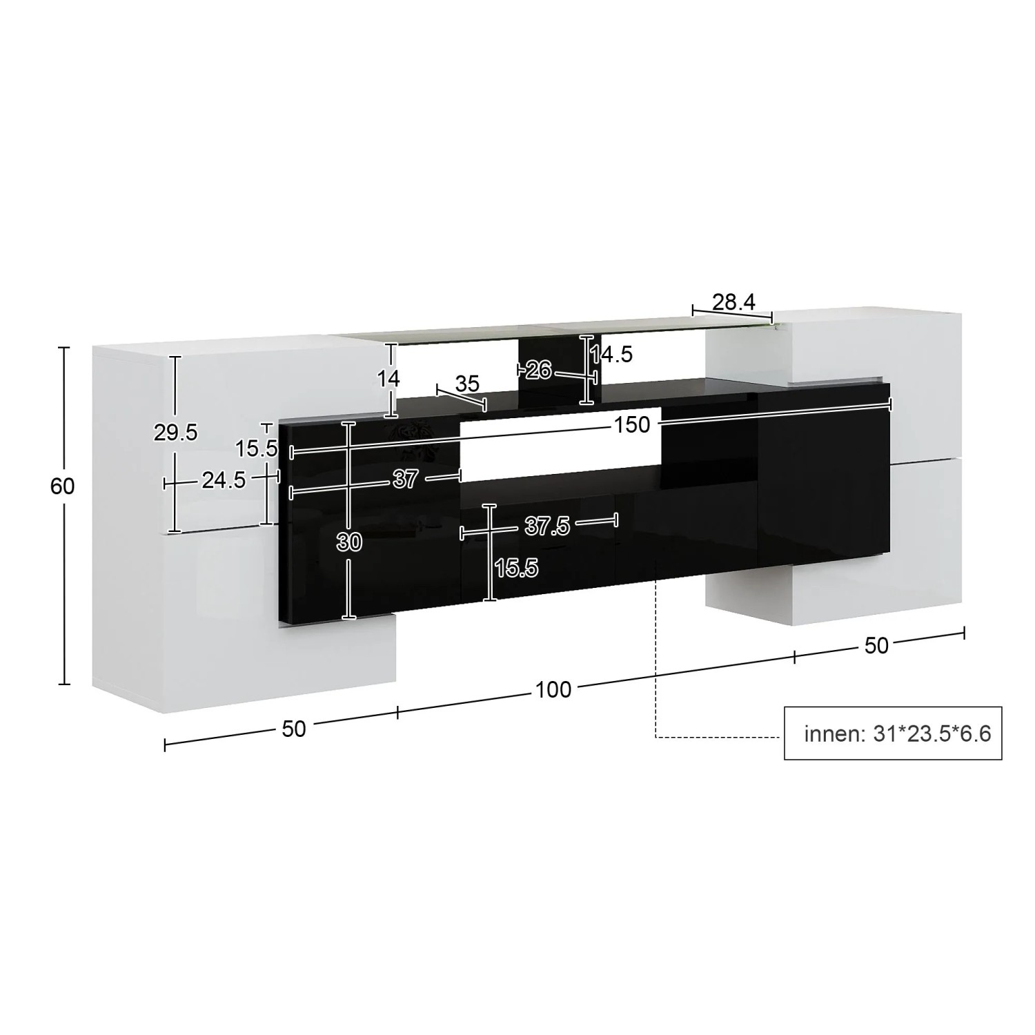 okwish TV Schrank mit LED Stauraum Glasoberfläche 200x35x60cm Hochglanz Weiß Schwarz_5