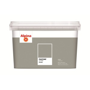 Alpina Innenfarbe Pantone Drizzle 2,5 l in Grau. Matter Wandfarben-Eimer mit Alpina Logo und Farbmuster.