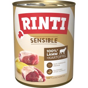 Rinti Sensible Hunde-Nassfutter mit Lamm und Kartoffel, glutenfrei für sensible Hunde.