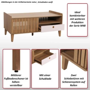 Beiger Couchtisch M48 mit grauer Schublade und Schiebetüren, Detailansichten.